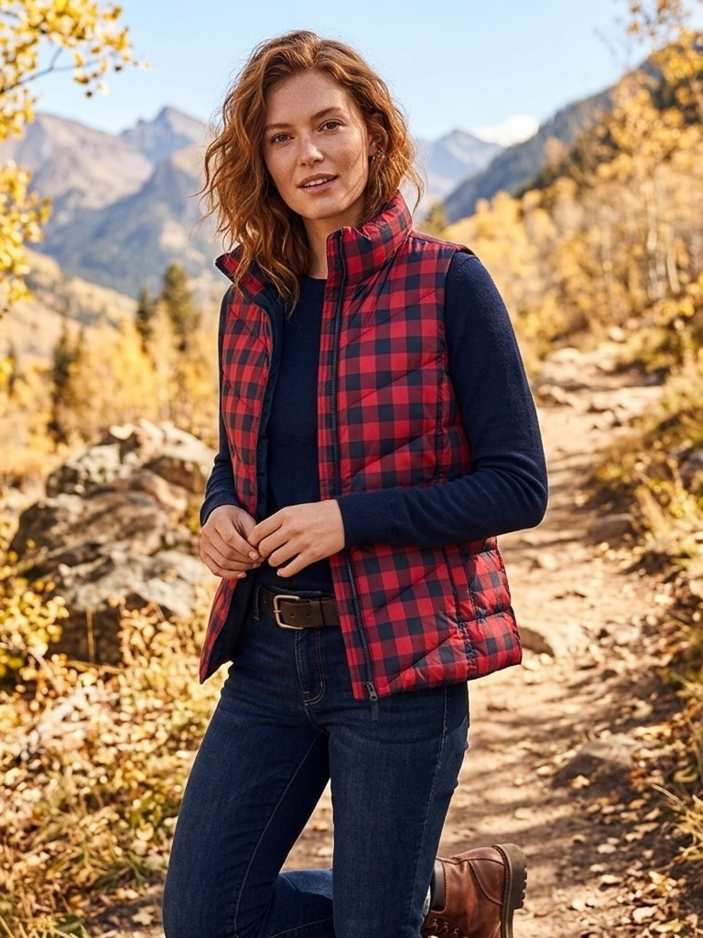 Lands End Red and Black Checkered Puffer Vest Size SP Small Petite